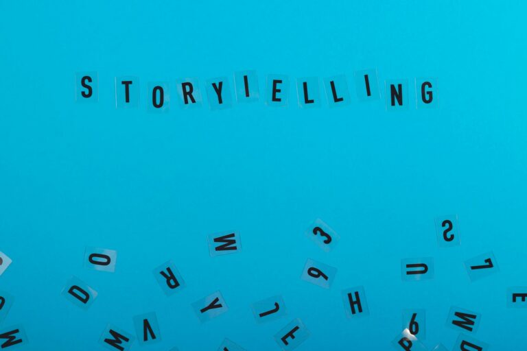 Digital Storytelling is written on a light blue background among black letters. Marketing and content